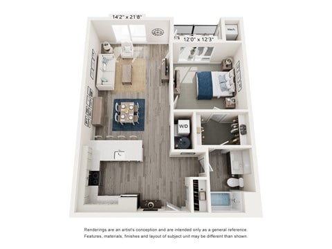Floor plan for 1 bed, 1 bath, 835 sqft